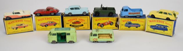 Eight Lesney Matchbox diecast model cars comprising numbers 7, 21, 32, 34, 38, 52 and 75, the