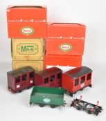Five various Mamod 32mm garden railway wagons and carriages, four in original boxes, together with a