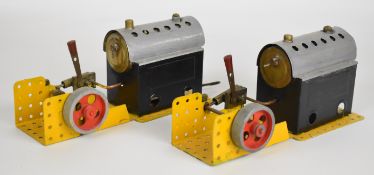Two Meccano live steam stationary engines with reversing single cylinder oscillating engines