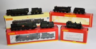 Four Hornby 00 Gauge model railway locomotives comprising GWR 0-4-2T Class 14XX '1410' R2026D, BR
