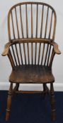 19thC elm seated Windsor armchair, height 110cm