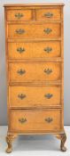 Reproduction burr walnut chest of two over five graduated drawers, W48 x D40 x H120cm