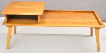 Ercol light elm mid century modern telephone seat with upholstered cushion, W115 x D41.5 x H46cm