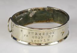 Victorian polished steel dog collar with Gothic cross decoration, fabric liner, riveted loop and