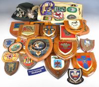 Collection of wall plaques, cloth badges and metal pin badges including rugby, Swiss hiking, motor