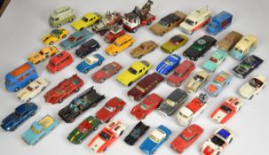 Forty-five vintage Dinky and Corgi diecast model cars to include Batmobile, Green Hornets Black