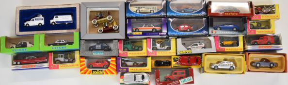 Twenty-eight diecast model cars including Matchbox, Corgi, Dinky, Elicor, Vitesse, Vanguards,