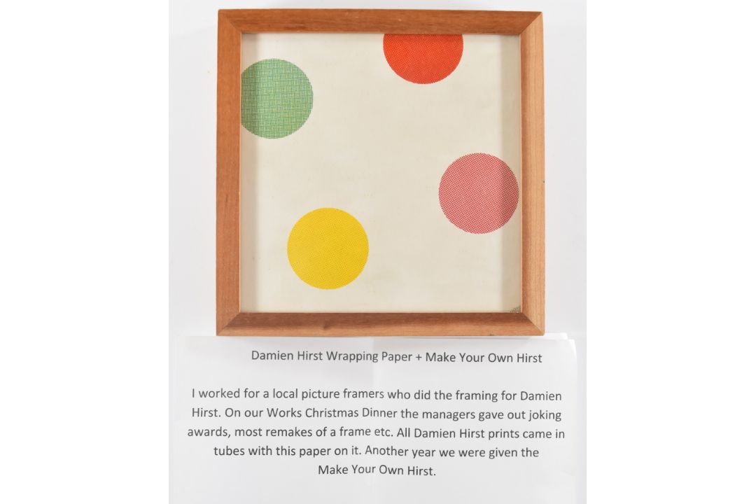 Damien Hirst framed square of wrapping paper, 14.5 x 14.5cm, in wood frame, with letter of - Image 1 of 3