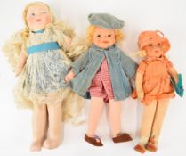 Three early twentieth century Chad Valley or similar Bambina style cloth dolls, tallest 44cm.