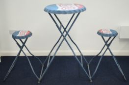 Vintage Pepsi Cola advertising fold out table and two seats modelled as bottle tops, extended W170 x