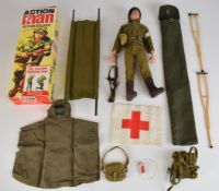 Palitoy vintage Action Man figure in a medic outfit with a range of accessories including rifle,