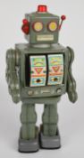 Japanese battery operated tinplate robot in the style of Horikawa, height 31cm.