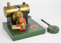 Bowman live steam stationary engine with green painted / lacquered wooden base, Bowman decal and