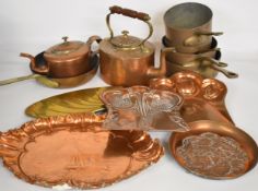 Arts & Crafts / Art Nouveau copper crumb trays, Newlyn style tray with ship and buoy decoration,