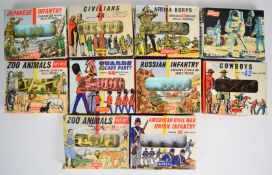 Eleven Airfix H0/00 scale plastic model figure sets comprising Guards Band S1, Farm Stock S4,