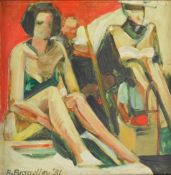 Robert 'Bob' Broadley (born 1939) oil on board study of  two seated figures, signed and dated 81