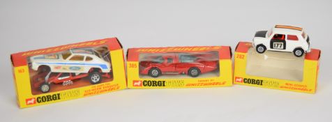 Three Corgi Whizzwheels diecast model sports cars comprising The Santa Pod Glo-Worm Dragster 163,