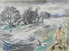 Arthur Henderson Hall (1906-1983) watercolour eights at Hampton, rowing on the river Thames,