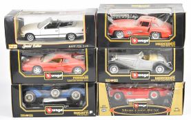 Six Burago 1:18 scale diecast model cars to include Ferrari Testarossa, Bugatti Type 59, and BMW