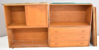Ladderax mid century modern shelving unit consisting three uprights, three drawer unit, three