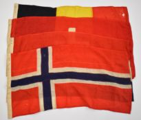 Four vintage panel stitched flags comprising Switzerland, Norway, Germany and the Netherlands,