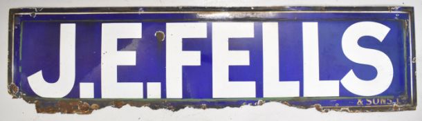 J E Fells & Sons blue and white enamel advertising sign, W194 x H50cm  Provenance: Found in a wine
