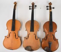 Three Thomas Bowen part constructed violins with single piece backs