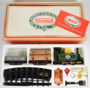 Mamod live steam model railway set with 0-4-0 locomotive, open wagon and lumber truck, RS1, in