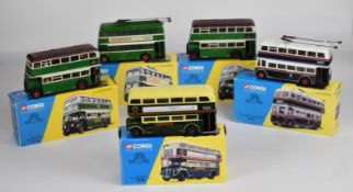 Five Corgi Classics diecast model buses to include Green Line London Transport Daimler CW 35201
