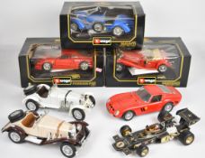 Seven mostly Burago 1:18 scale diecast model cars to include Ferrari F40, Bugatti Grand Pris 1935