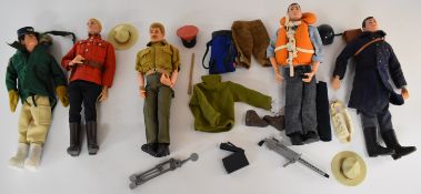 Five vintage Action Man figures with a range of original and 40th anniversary clothing and