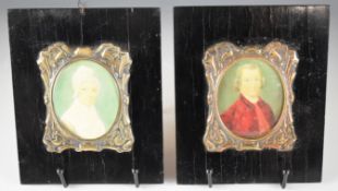 Pair of portrait miniatures on acetate or similar faux ivory of Richard Moberly and Jane Adams, wife