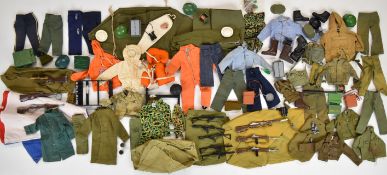 A collection of vintage Palitoy Action Man clothing and accessories including uniforms, helmets