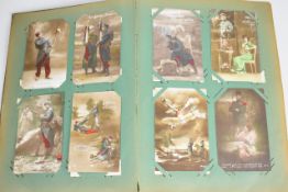 WW1 postcard album with twelve silk cards including Royal Fusiliers and Scotland Forever, other