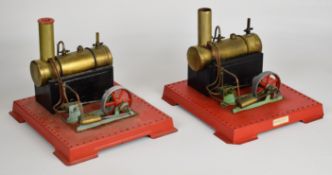 Two Mamod SE3 live steam stationary engines with twin oscillating cylinders