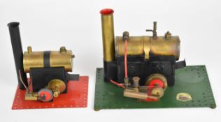 Two Bowman live steam stationary engines comprising single cylinder example with Bowman decal to