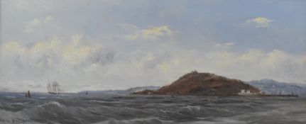 Lowry Lewis Victorian oil on board Bristol Channel, likely one of the Holm islands with sailing
