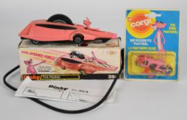 Dinky Toys The Pink Panther diecast model car with figure and cable, 354, together with a Corgi Pink