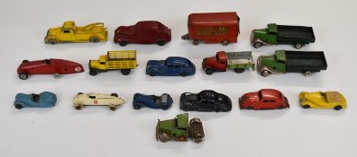 Fifteen vintage tin plate and diecast model cars to include Lehmann Gnom, Tootsietoy, Dinky and