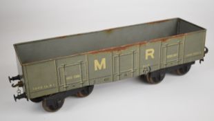 Bassett-Lowke gauge 1 Midland Railway bogie tinplate goods wagon, length 37cm