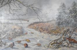 R.M. Parker oil on canvas winter snowy landscape with fox watching pheasants in a clearing, signed