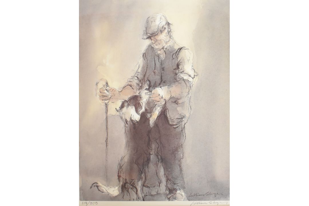 William Selwyn (Welsh b1933) signed limited edition (119/300) print of a shepherd with crook and - Image 1 of 5