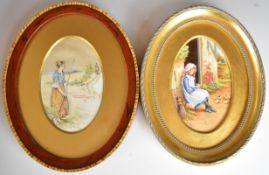 Two oval plaques comprising a porcelain example featuring a girl feeding ducklings signed F C