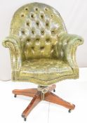 Green leather Chesterfield swivel / captain's chair style office chair with Hillcrest Chair Action