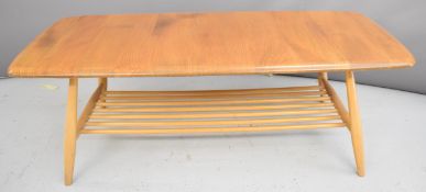 Ercol light elm mid century modern coffee table with slatted undershelf, W105 x D46 x H37cm