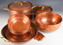Collection of copper saucepans, bowls, pan and six dinner plates including one marked 'Chileno'