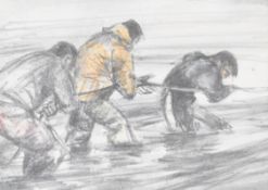 William Selwyn (Welsh b1939) coloured pencil drawing of three fishermen hauling a net, pencil