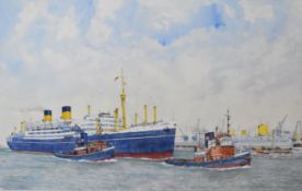 Peter Whitehead watercolour Dominion Monarch liner or ship being guided into harbour by tugs, signed