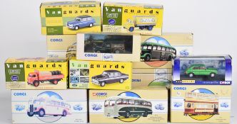 Thirteen Corgi Classics and Lledo Vanguards diecast model buses, trucks and cars, all in original