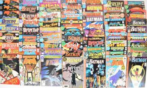 Seventy-eight Batman and Detective comics by DC, mostly dating to the 1980's.